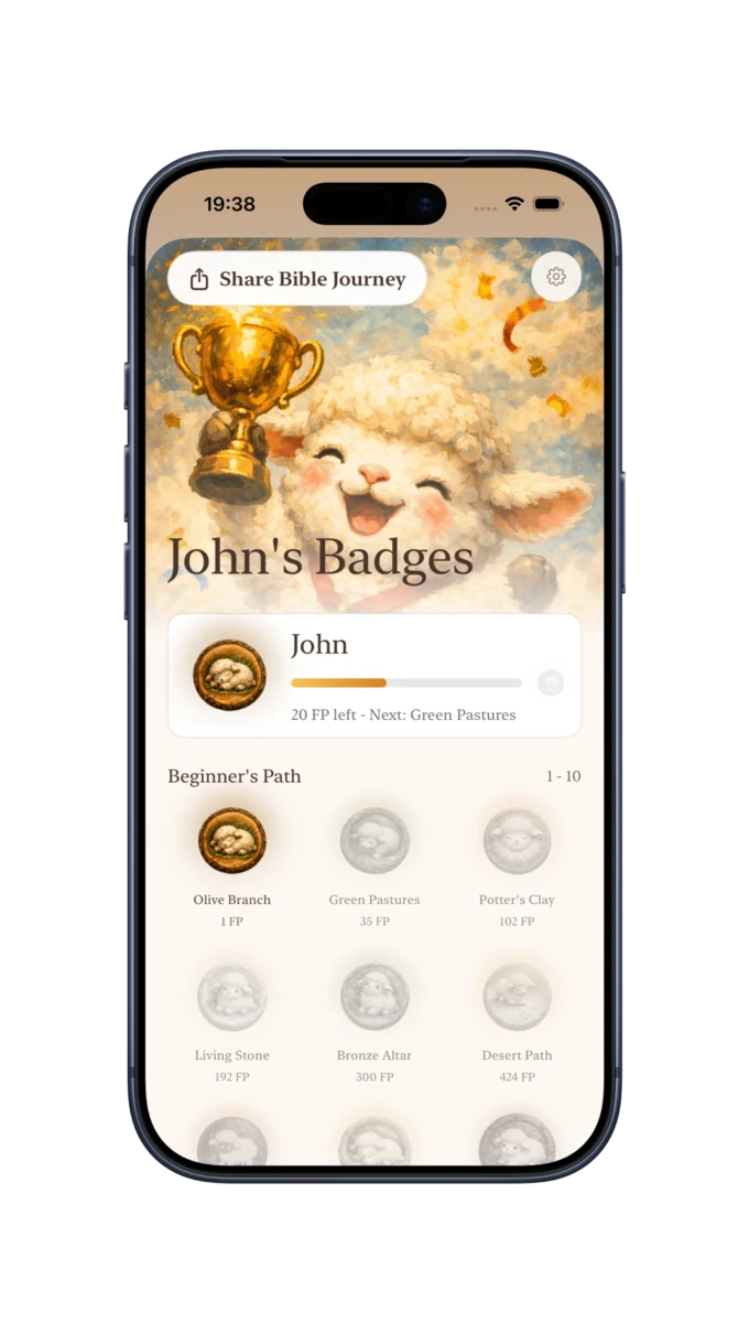 Bible Widget Faith Badges screen showing Christian progress badges on iPhone